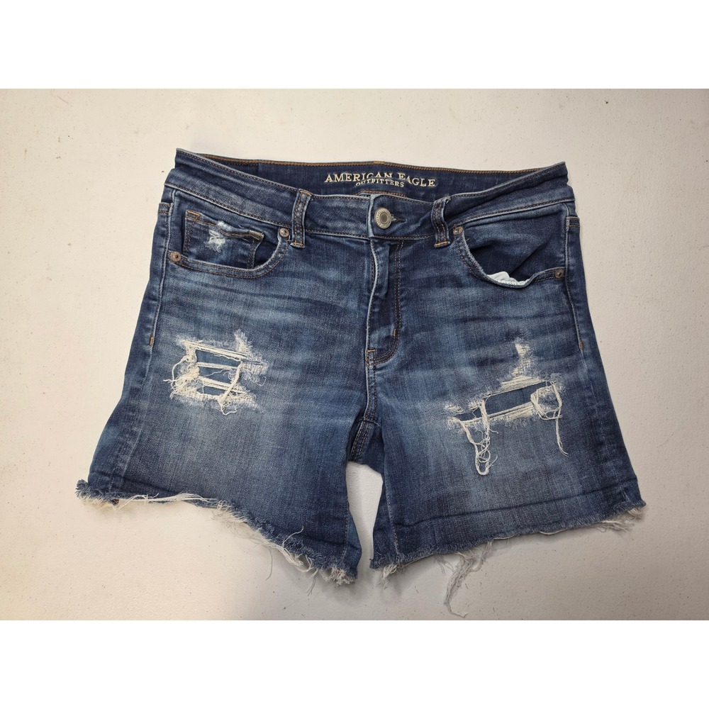 American Eagle Super Super Stretch Midi Distressed Denim Shorts Dark Wash Sz 8